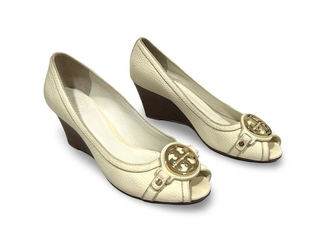 Tory Burch Leticia Peep Toe Wedge Heels Shoes Size 7.5 Ivory White Leather